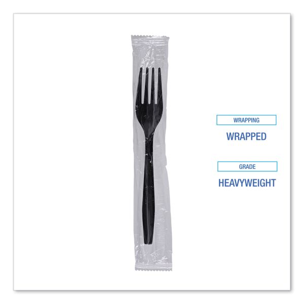 Boardwalk Heavyweight Wrapped Polypropylene Cutlery, Fork, Plastic, Black, 1,000/Carton