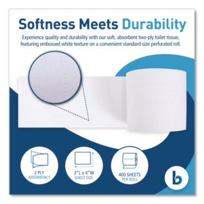 Boardwalk® 2-Ply Toilet Tissue, Septic Safe, White, 400 Sheets/Roll