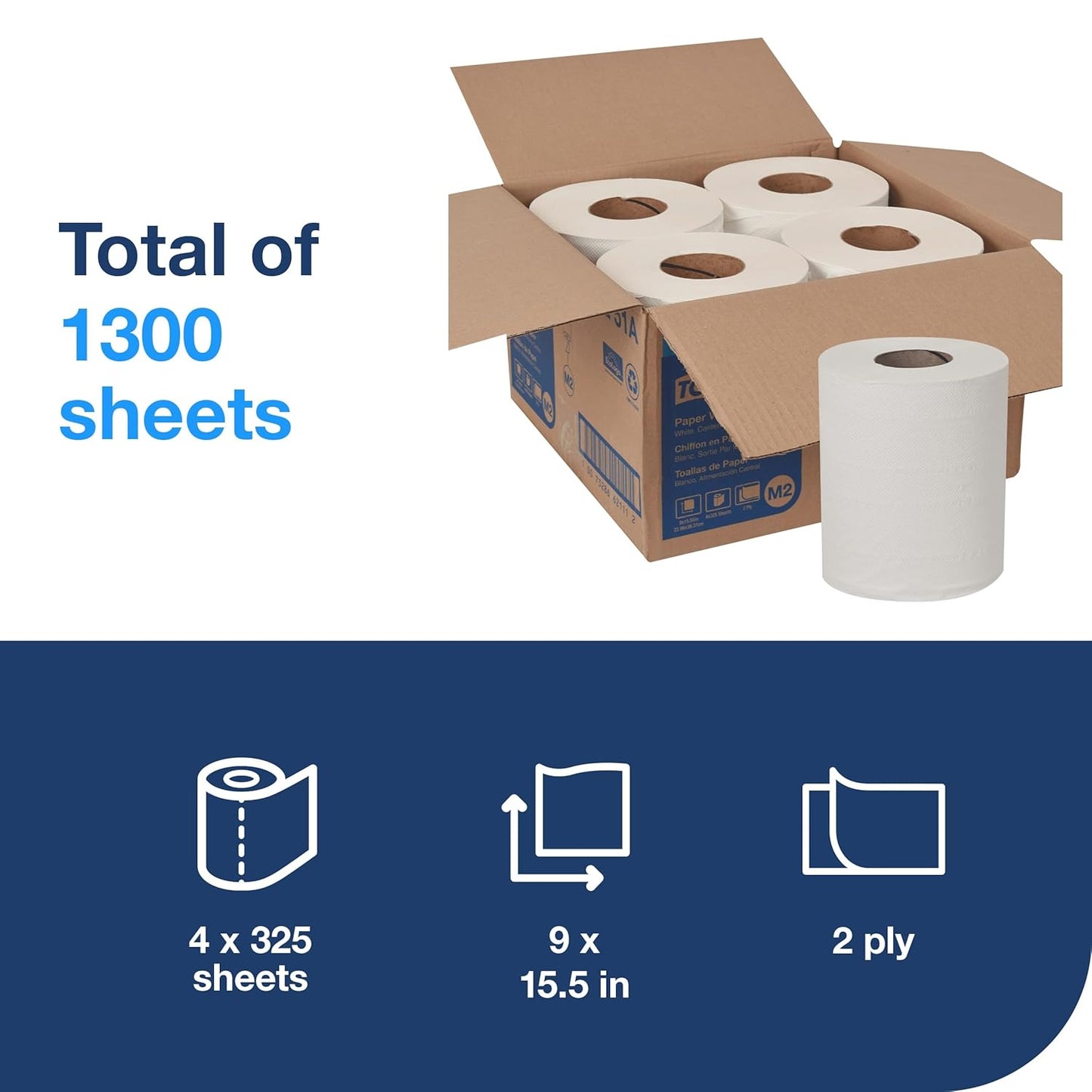 Tork Centerfeed Paper Wiper White M2, 100% Recycled, 4 x 325 Sheets, 130251A