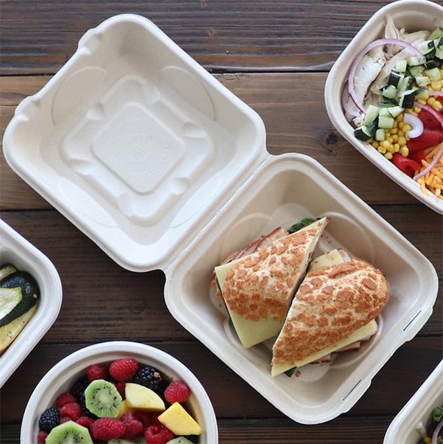 8x8x3" World Centric Compostable PLA-Lined Fiber Clamshells | No PFAS | 300/Case
