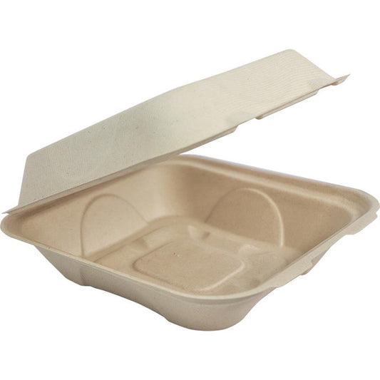 9x9x3" 1-Compt World Centric Compostable Fiber Clamshells | No PFAS | 300/Case